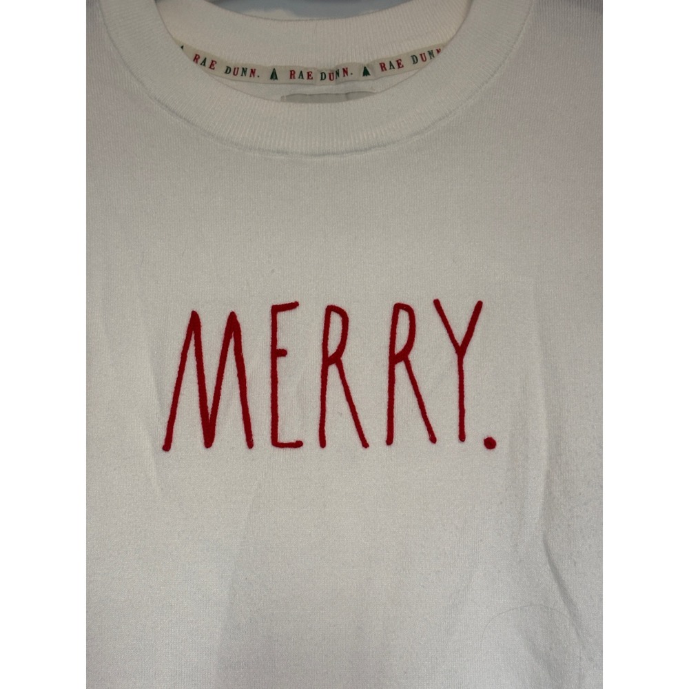Rae Dunn Merry Christmas Sweater Womens Large White Red Embroidered MERRY - Picture 3 of 8